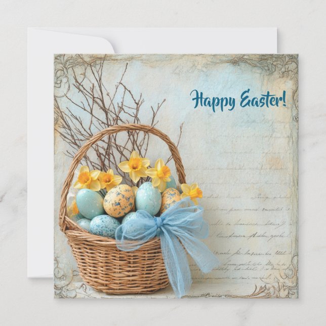 Cartão De Festividades Ovos de Páscoa azuis e amarelos e narcisos (Frente)