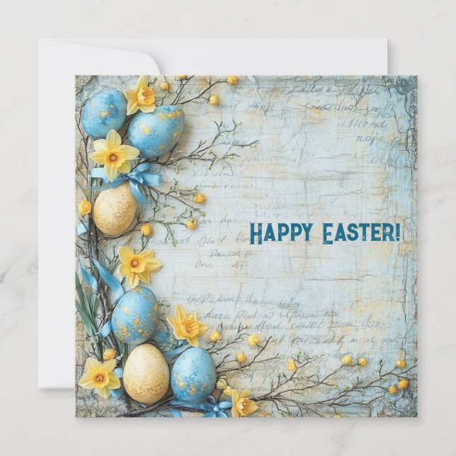 Cartão De Festividades Ovos de Páscoa azuis e amarelos vintage e narcisos (Frente)
