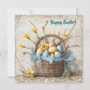 Cartão De Festividades Ovos de Páscoa azuis vintage shabby chic em cesta