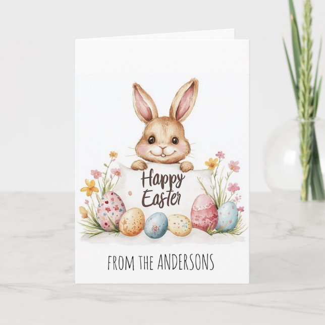 Cartão De Festividades Ovos de Páscoa e coelhinho fofo de fundo (Frente)