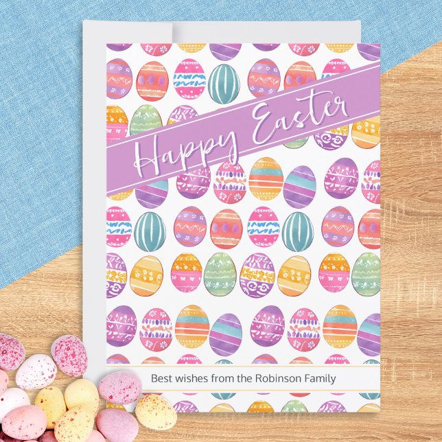 Cartão De Festividades Ovos De Páscoa Patterados (A personalized greetings card with 'Happy Easter' words and pattern of colorful Easter eggs)