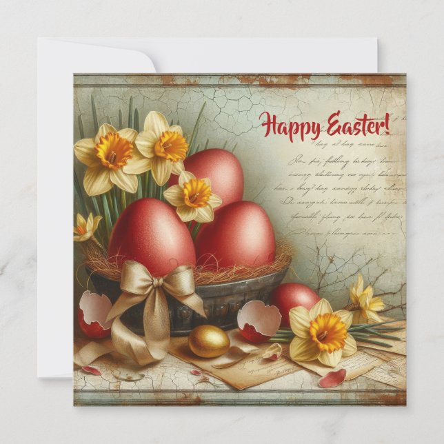 Cartão De Festividades Ovos de Páscoa vermelhos retrô aquarela e narcisos (Frente)