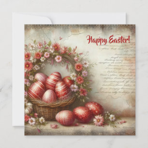 Cartão De Festividades Ovos de Páscoa vermelhos vintage aquarela flores d