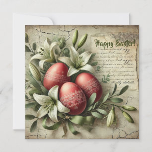 Cartão De Festividades Ovos de Páscoa vermelhos vintage aquarela flores d