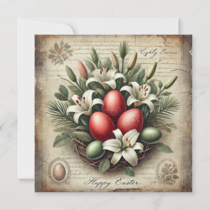 Cartão De Festividades Ovos de Páscoa vermelhos vintage flores de lírio r