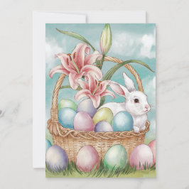 Cartão De Festividades Ovos em Aquarela e Pastel Lily com Coelho na Cesta