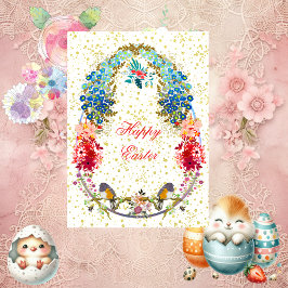Cartão De Festividades Ovos Felzs pascoa Decorativos Aves Saudação Floral