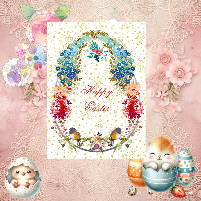 Cartão De Festividades Ovos Felzs pascoa Decorativos Aves Saudação Floral (Decorative Happy Easter Eggs Birds Floral Greeting Holiday Card)