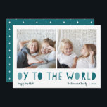 Cartão De Festividades Oy to the World | 2 Foto Chanucá<br><div class="desc">O cartão com fotos de Chanucá Whimsical apresenta duas das suas fotos favoritas em formato quadrado alinhadas lado a lado. "Oy to the World" aparece abaixo em letras azuis e verdes. Personalize com seu nome ou nomes de família, saudação personalizada e o ano na parte inferior. Um cartão hanucá engraçado...</div>