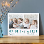 Cartão De Festividades Oy to the World | 2 Foto Chanucá<br><div class="desc">O cartão com fotos de Chanucá Whimsical apresenta duas das suas fotos favoritas em formato quadrado alinhadas lado a lado. "Oy to the World" aparece abaixo em letras azuis e verdes. Personalize com seu nome ou nomes de família, saudação personalizada e o ano na parte inferior. Um cartão hanucá engraçado...</div>