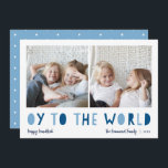 Cartão De Festividades Oy to the World | 2 Foto Chanucá<br><div class="desc">O cartão com fotos de Chanucá Whimsical apresenta duas das suas fotos favoritas em formato quadrado alinhadas lado a lado. "Oy to the World" aparece por baixo da letra azul de recorte. Personalize com seu nome ou nomes de família, saudação personalizada e o ano na parte inferior. Um cartão hanucá...</div>