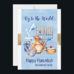 Cartão De Festividades Oy to the World Blue Dourado Chanucá<br><div class="desc">Esta design foi criada através da arte digital. Pode ser personalizada na área fornecida pela alteração da foto e/ou do texto. Ou pode ser personalizado escolhendo o clique para personalizar outra opção e excluir ou alterar a cor do plano de fundo, adicionar texto, alterar a cor ou o estilo do...</div>