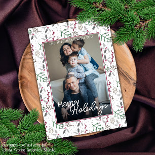 Cartão De Festividades Padrão Agulha Verde-Escuro de Berries Vermelhos Ho