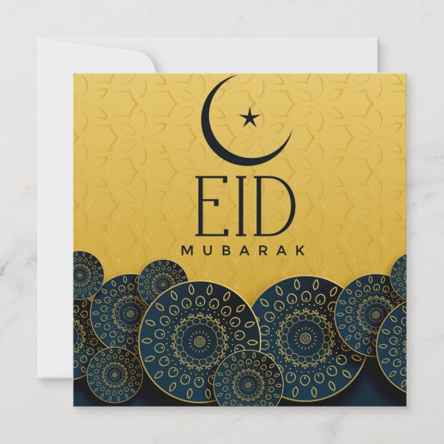 Cartão De Festividades Padrão Azul Dourado da Estrela Feliz Eid Mubarak C (Frente)