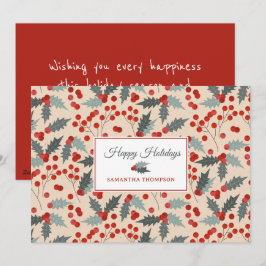 Cartão De Festividades Padrão Botânico de Natal Moderno Holly Berry