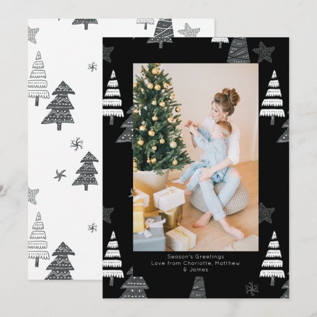 Cartão De Festividades Padrão Branco Preto das Árvores de Natal Personali (Frente/Verso)