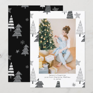 Cartão De Festividades Padrão Branco Preto das Árvores de Natal Personali