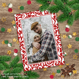 Cartão De Festividades Padrão de Arte Floral do Damasco Vermelho Branco E