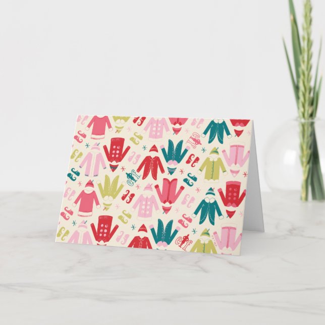 Cartão De Festividades Padrão de Casaco e Sapatos Coloridos de Elfo (Frente)