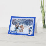 Cartão De Festividades Padrão de Estrela Azul e Natal<br><div class="desc">Este cartão de Natal apresenta um design azul com um padrão de estrelas e um bonitinho bonitinho bonitinho de neve com um chapéu azul e um cachecol com texto que diz, "Acredite!" Substitua a foto na frente por uma foto da sua família. Personalize o dentro de texto e saia usando...</div>