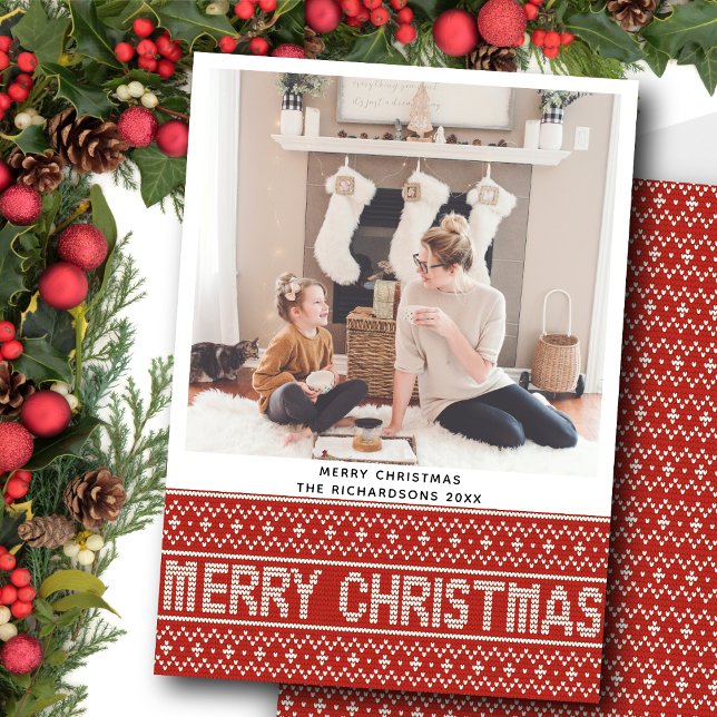 Cartão De Festividades Padrão de Texto de Natal do Sweater Vermelho Nórdi (Criador carregado)