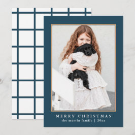 Cartão De Festividades Padrão de Verificação Azul Clássico Foto de Natal 
