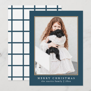 Cartão De Festividades Padrão de Verificação Azul Clássico Foto de Natal 