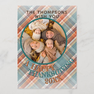 Cartão De Festividades Padrão de Xadrez de Ação de Graças Feliz e Simples