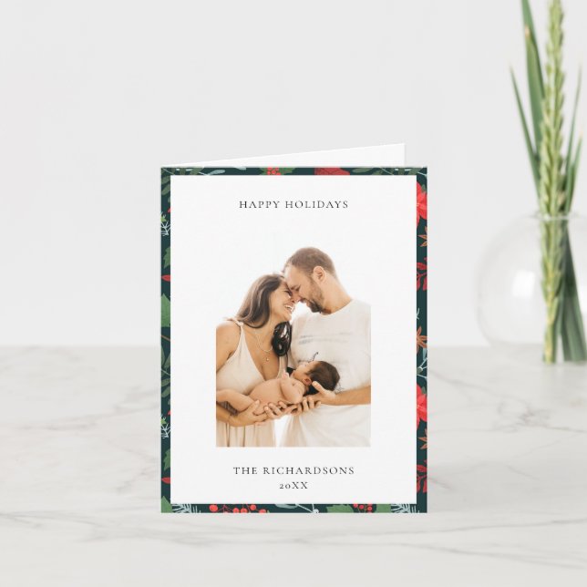 Cartão De Festividades Padrão Floral de Natal Verde Marrom Foto Feliz (Frente)