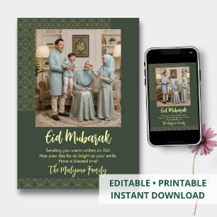 Cartão De Festividades Padrão Geométrico Moderno Família Foto Eid Sábio