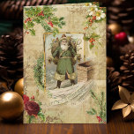 Cartão De Festividades Padre Vitoriano Ephemera Floral<br><div class="desc">A elegante composição natalícia,  com o velho mundo verde-assado Pai Natal,  enquadrado por vintage holly,  rosas,  rosas de cão e pinheiro de ornamentado dourado floresce sobre fundo de sépia angustiado.</div>