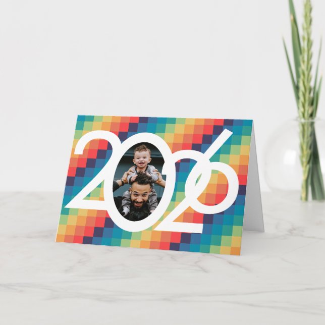 Cartão De Festividades Padrões retro quadrados Foto do Ano Novo 2023 (Frente)