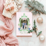 Cartão De Festividades Pagoda de Natal da China pré-desidratada Monograma<br><div class="desc">Este Enfeites de natal tem uma design de Chinoiserie pré-disquete apresentando uma moldura de pagode bambu verde com uma haste de Natal com um arco rosa e dois topiários em potes de Chinoiserie. Você pode personalizar com um nome no ano e na sua foto.</div>