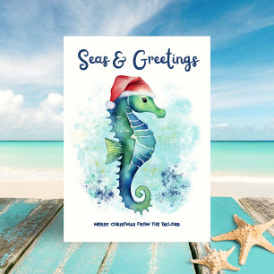 Cartão De Festividades Pai Natal Cavalo-Marinho Mar e Saudações Natalino