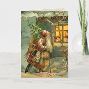 Cartão De Festividades Pai Natal do Velho Mundo em Neve com presentes