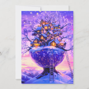 Cartão De Festividades Paisagem da Vila da Árvore da Fantasia de Inverno