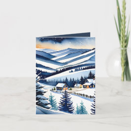 Cartão De Festividades Paisagem da Vila de Montanha Snowy em Watercolor