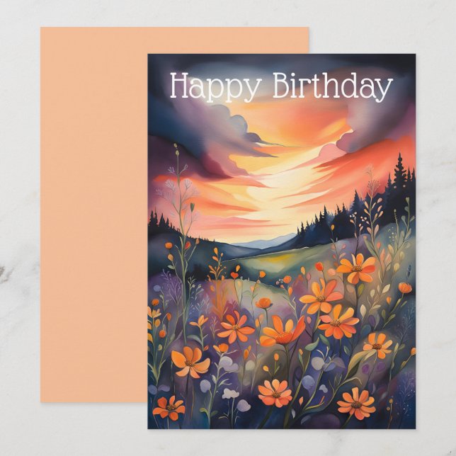 Cartão De Festividades Paisagem de Aquarela com Buttercups e Sunset (Frente/Verso)