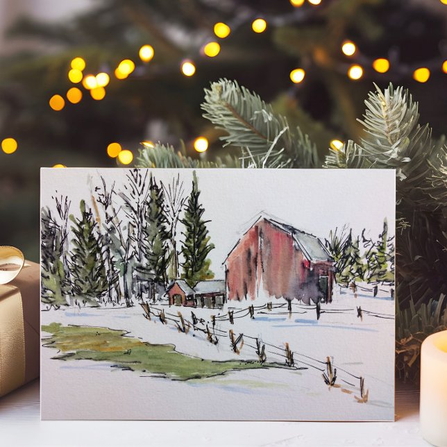 Cartão De Festividades Paisagem de Aquarela Vermelha Inverno (Criador carregado)