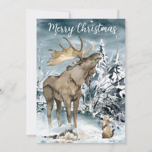 Cartão De Festividades Paisagem de Inverno Aquarela Alce Natal Pós-carta