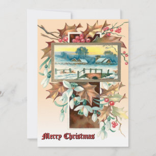 Cartão De Festividades Paisagem de Inverno com Azevinho e Visco de Natal