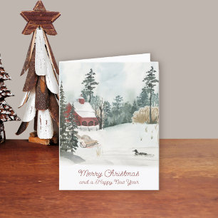 Cartão De Festividades Paisagem de Inverno em Aquarela Natal Branco