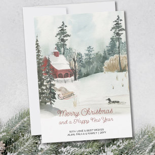Cartão De Festividades Paisagem de Inverno em Aquarela Natal Branco