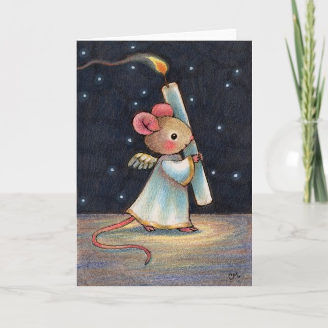 Cartão De Festividades Palha fina - Arte de Mouse Anjo de Natal bonito (Frente)