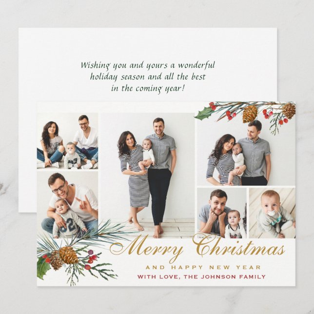 Cartão De Festividades Palheiro de Natal Elegante Cones 6 Foto Saudação (Frente/Verso)