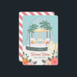 Cartão De Festividades Palm Tree Beach Chairs Snow Globe<br><div class="desc">Este cartão de Natal bonito apresenta um globo de neve com cadeiras de praia,  guarda-chuva,  coquetéis e palmeiras. O verso apresenta um fundo branco com faixas diagonais cor-de-rosa. Personalize-o para as suas necessidades. Você pode encontrar produtos correspondentes na minha loja.</div>