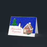 Cartão De Festividades Pão de Gengibre Casa e Cachorro na Neve<br><div class="desc">Um cartão de boas-vindas do artista d.roban. Uma árvore de Natal, um boneco de neve e um cachorro pulando em flocos de neve. Uma casa de pão de gengibre decorada com doces e gelo. "Da nossa casa até à sua casa... " e Feliz Natal, fazem o cartão perfeito para você!...</div>