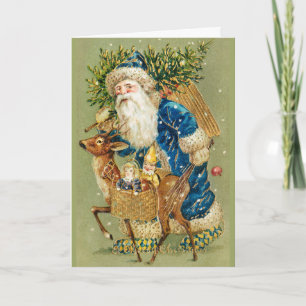 CARTÃO DE FESTIVIDADES PAPA NOEL COM VEADOS E PRESENTES DE NATAL NA NEVE