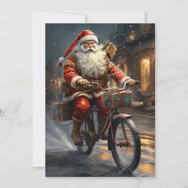 Cartão De Festividades Papai Noel Andando na Bicicleta Natal (Frente)