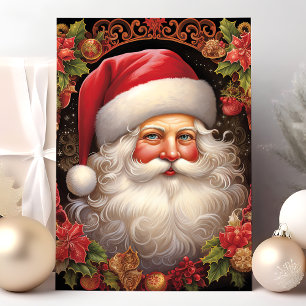 Cartão De Festividades Papai Noel Antigo com Floral de Azevinho de Natal
